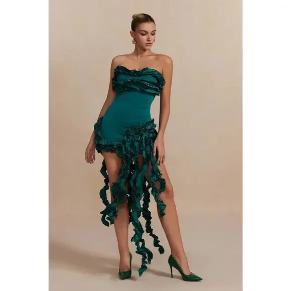Micas | Dresses | Micas Ruffled Fringe Strapless Midi Dress Nwt Size Xl |  Poshmark